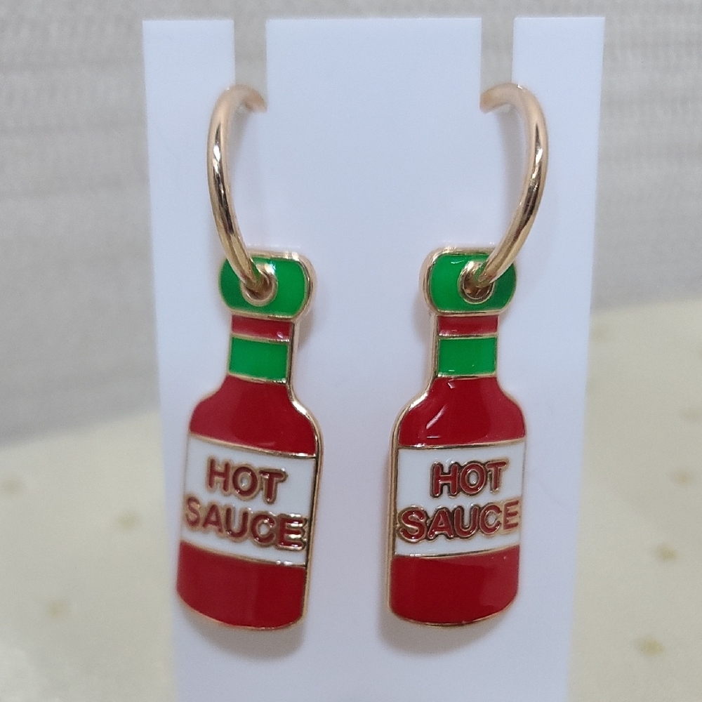 Hot Sauce Bottle Goldtone Earrings - Hoop Post Nwt